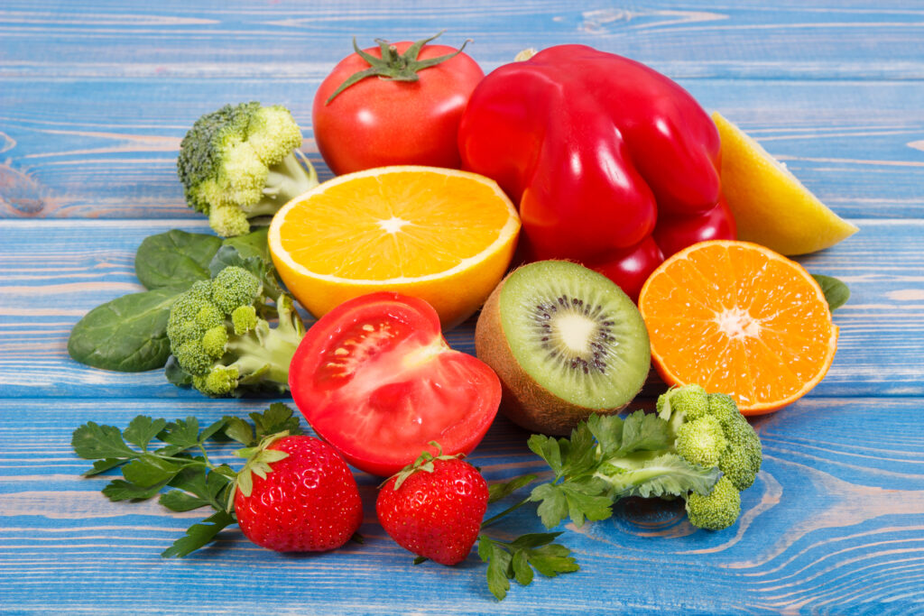 Ripe fruits and vegetables as sources vitamin c, dietary fiber and minerals, strengthening immunity concept