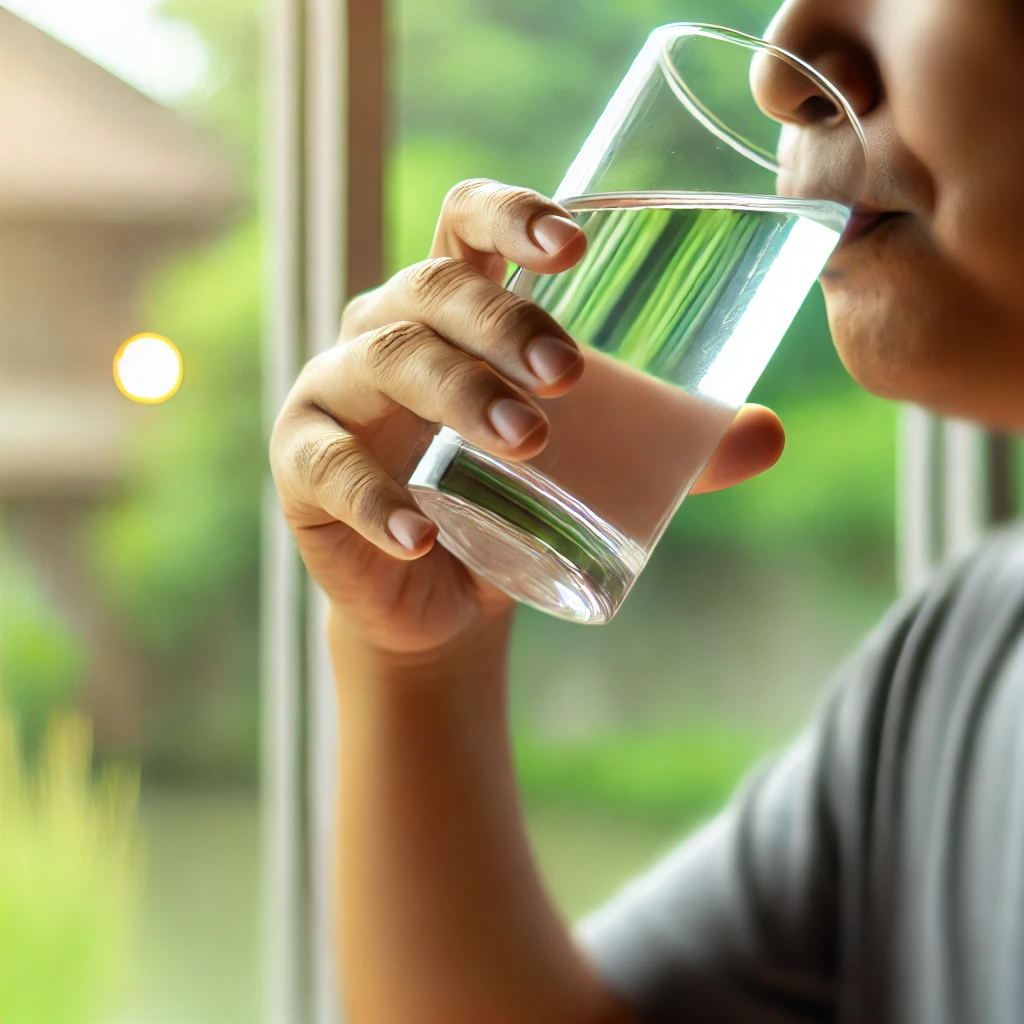 Dall·e 2024 09 13 14.03.40 a person drinking a glass of water, depicted in a natural, relaxed setting. the person is holding a clear glass filled with water and lifting it towar