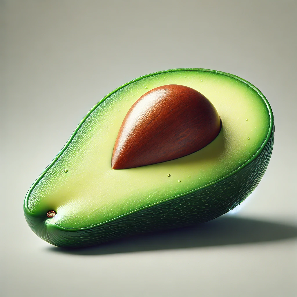 Dall·e 2024 09 17 15.43.05 a realistic close up image of a fresh avocado, sliced in half to reveal its smooth, green flesh and large seed in the center. the avocado is placed on